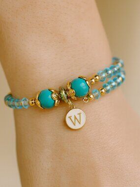 Double Wrap Memory Wire Bracelet • Turquoise & Gold • Choose Your Initial Charm